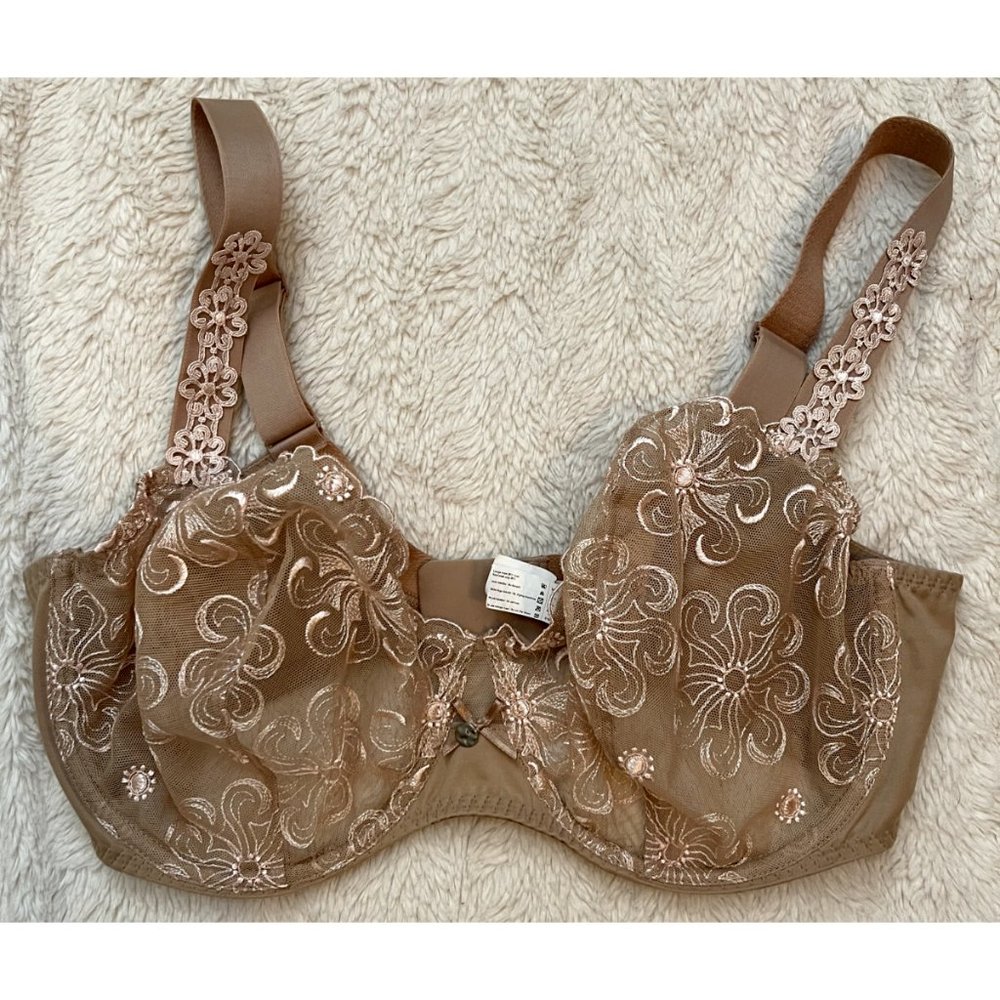 Simone Perele Bra Delice Demi Underwire Unlined Lace Floral Embroidered Tan 38F